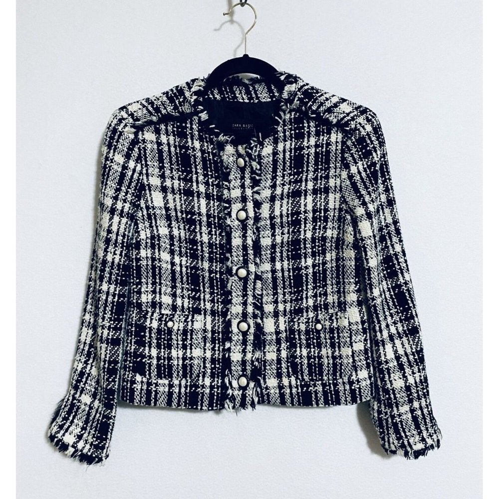 Zara Womens Small Cropped Tweed Blazer Faux Pearl Buttons Fringe Trim Black